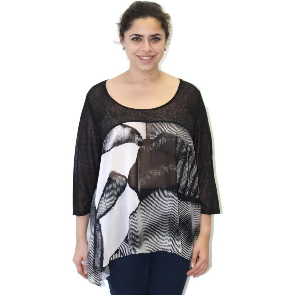 Caribe Black Print Chiffon Slub Top  Plus Size